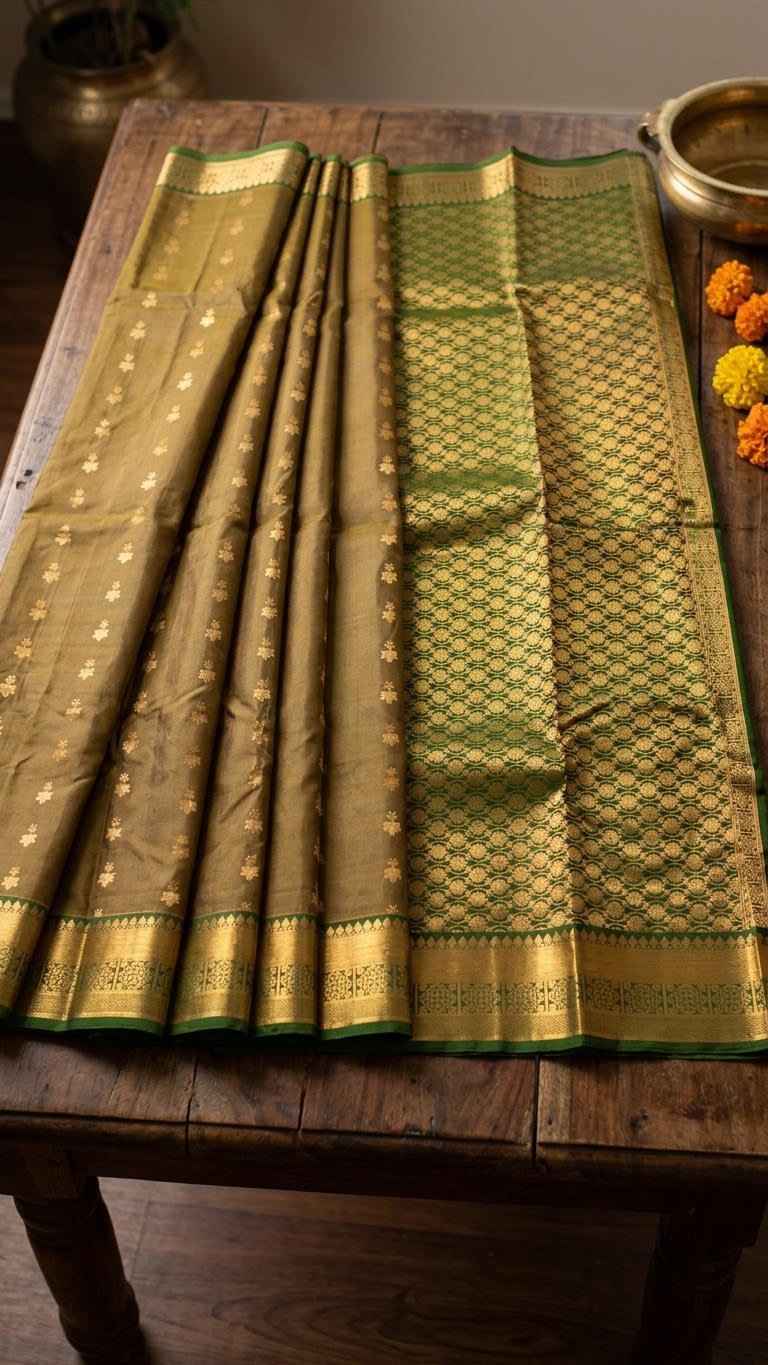 Olive Green and Forest Green Silk Mark Certified Kanchipuram Saree (blouse lining included)