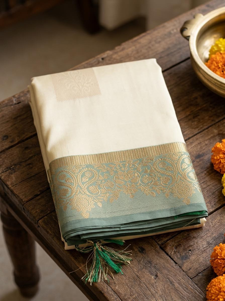 Cream and Emerald Green Silk Mark Certified Kanchipuram Saree (blouse lining included)
