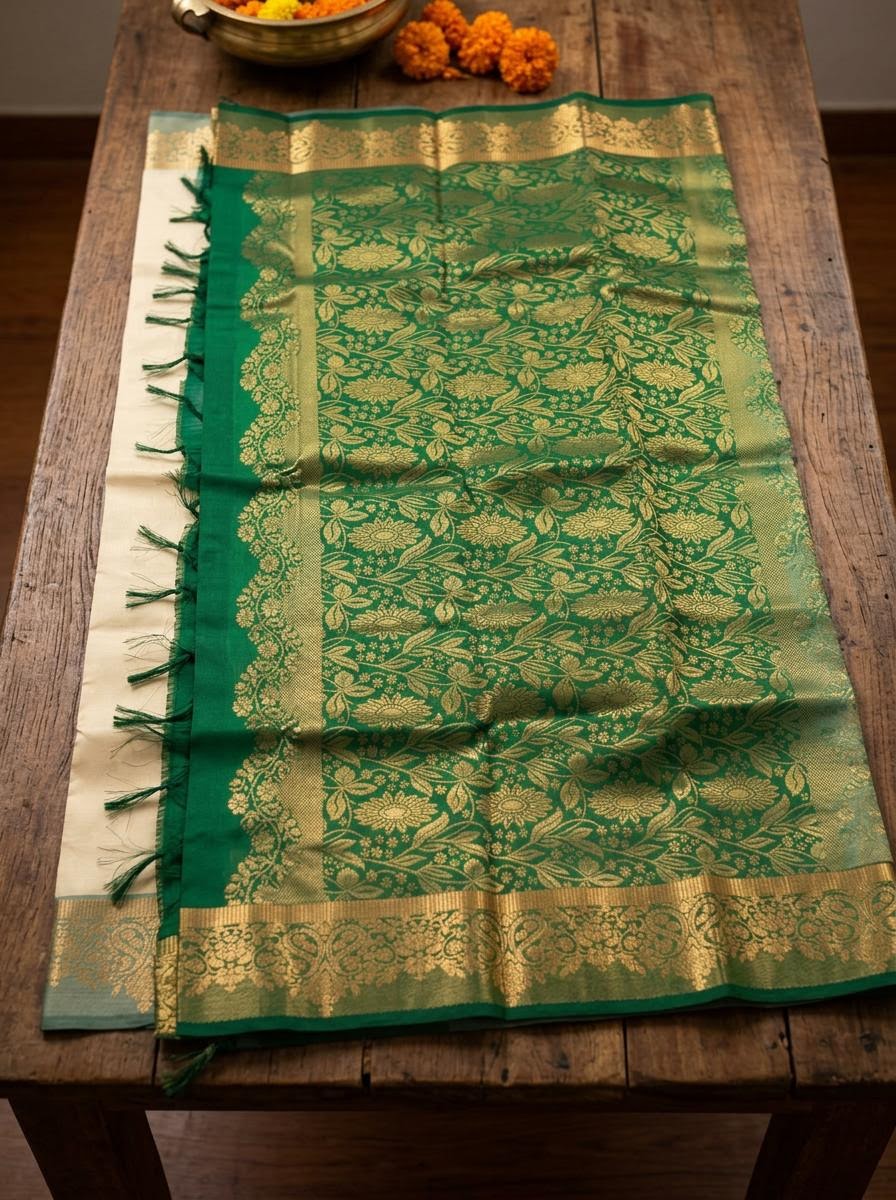 Cream and Emerald Green Silk Mark Certified Kanchipuram Saree (blouse lining included)