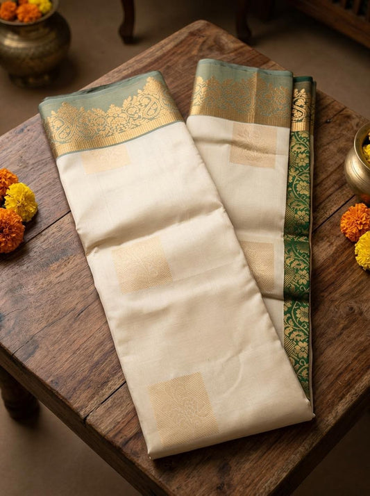 Cream and Emerald Green Silk Mark Certified Kanchipuram Saree (blouse lining included)