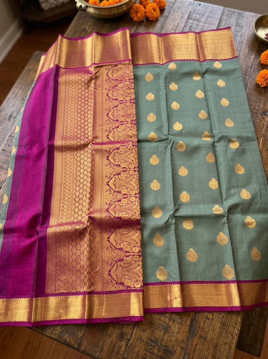 Sage Green and Magenta Silk Mark Certified Kanchipuram Saree (blouse lining included)