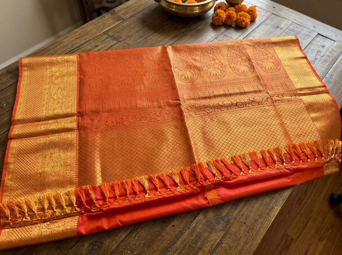 Beige and Vibrant Orange Silk Mark Certified Kanchipuram Saree (blouse lining included)