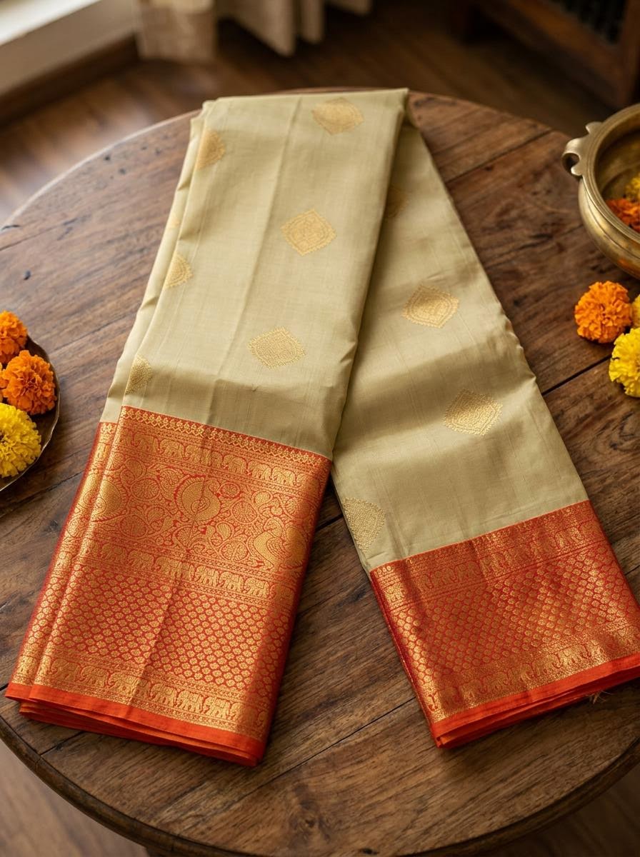 Beige and Vibrant Orange Silk Mark Certified Kanchipuram Saree (blouse lining included)