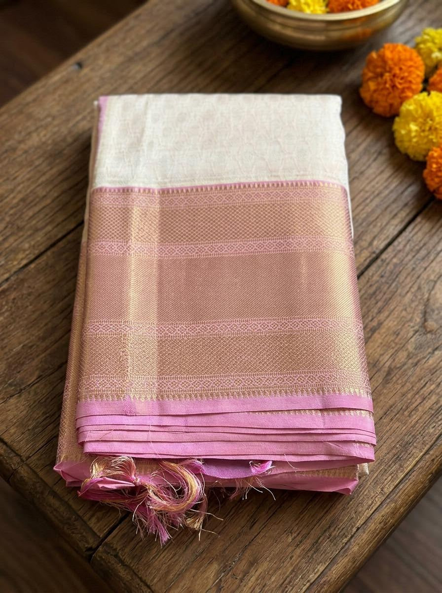 Cream and Rose Pink Silk Mark Certified Kanchipuram Saree (blouse lining included)