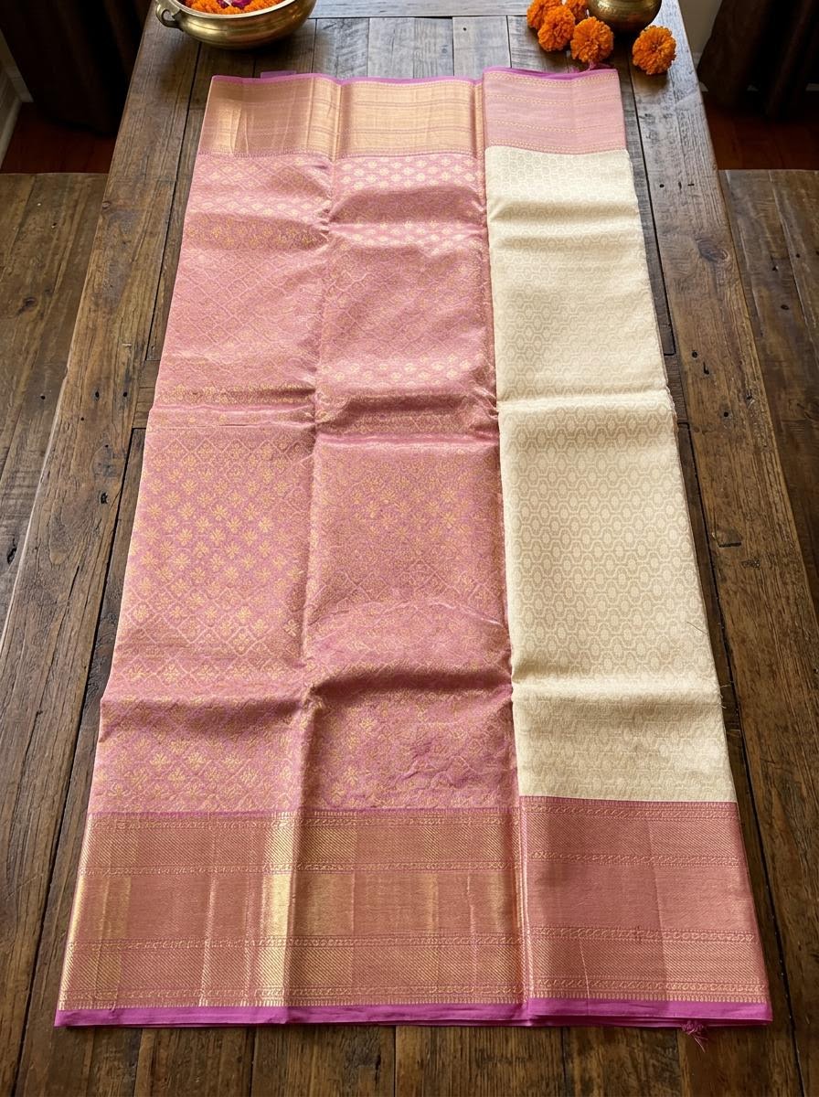 Cream and Rose Pink Silk Mark Certified Kanchipuram Saree (blouse lining included)