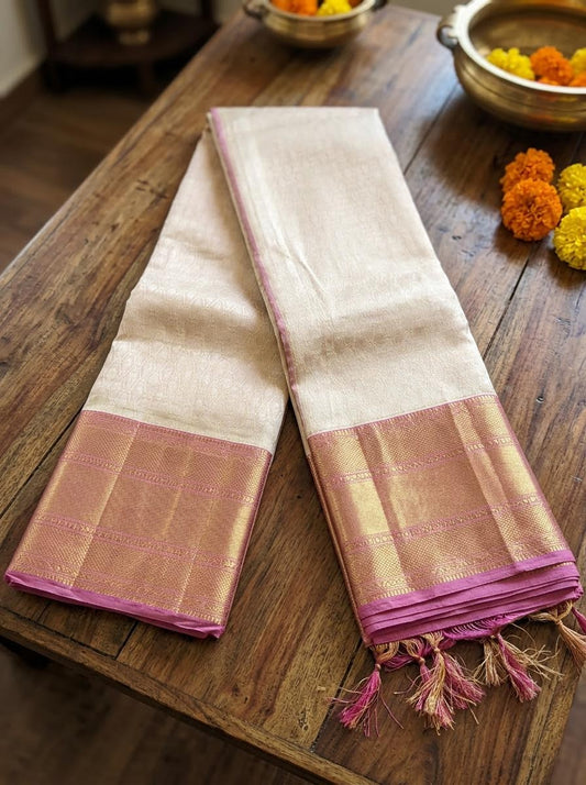 Cream and Rose Pink Silk Mark Certified Kanchipuram Saree (blouse lining included)