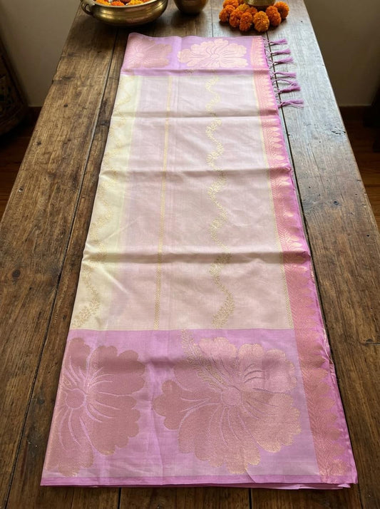 Cream and Lavender Floral Silk Mark Certified Kanchipuram Saree (blouse lining included)