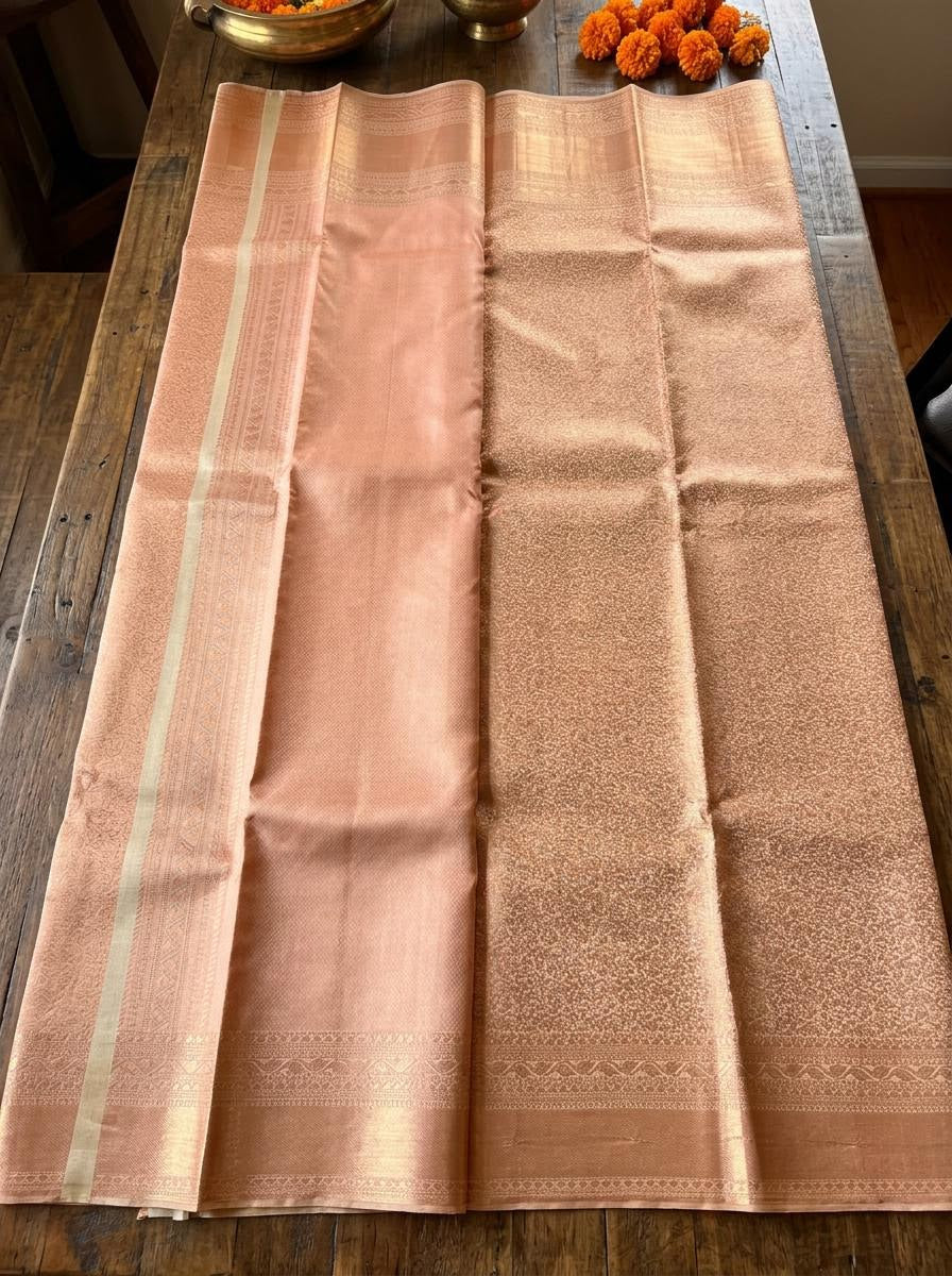 Rose Gold Brocade Silk Mark Certified Kanchipuram Saree (blouse lining included)