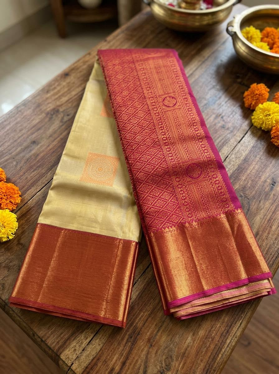 Golden Beige and Magenta Silk Mark Certified Kanchipuram Saree (blouse lining included)
