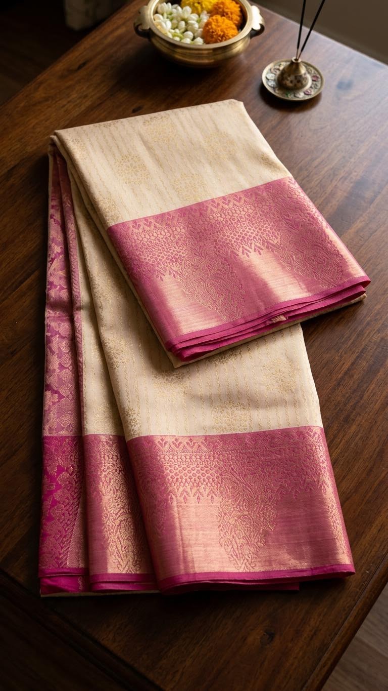Cream and Pink Silk Mark Certified Kanchipuram Saree (blouse lining included)