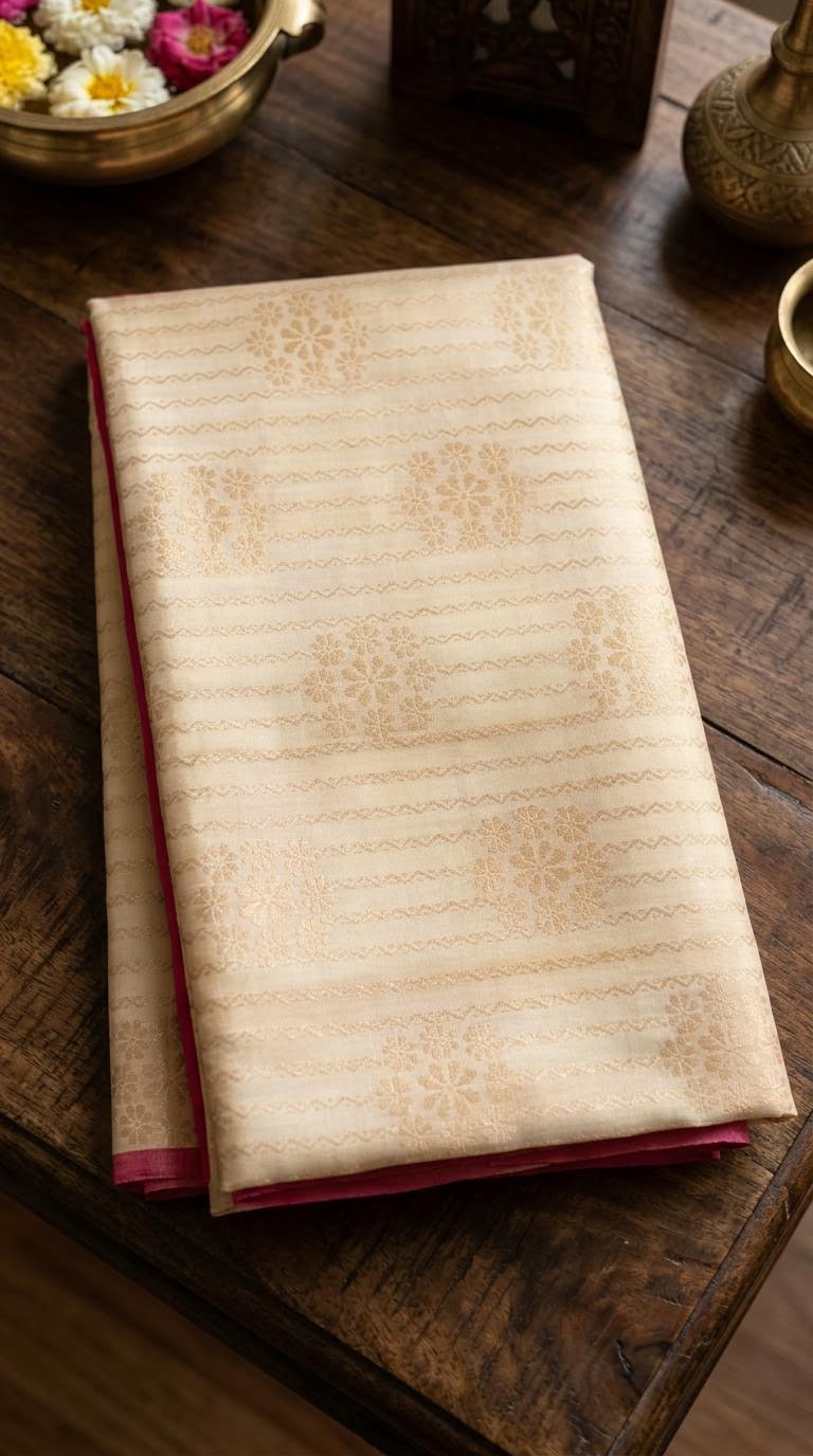Cream and Pink Silk Mark Certified Kanchipuram Saree (blouse lining included)