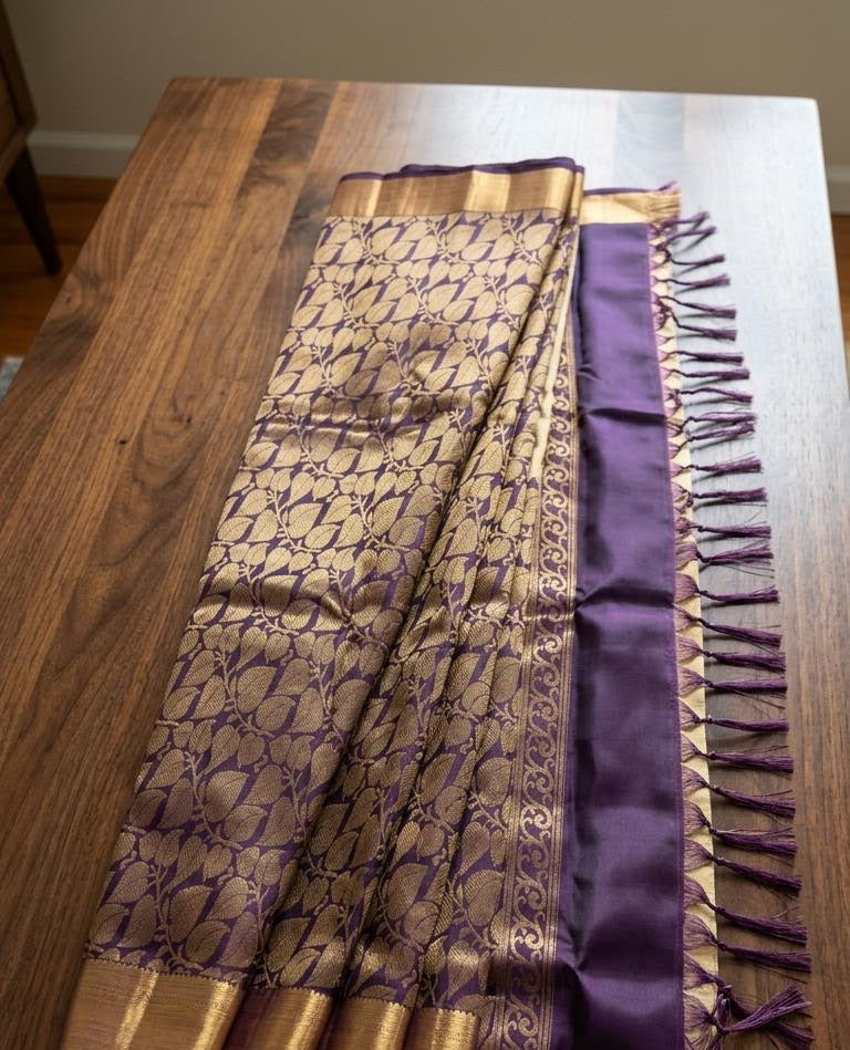 Cream and Purple Silk Mark Certified Kanchipuram Saree (blouse lining included)