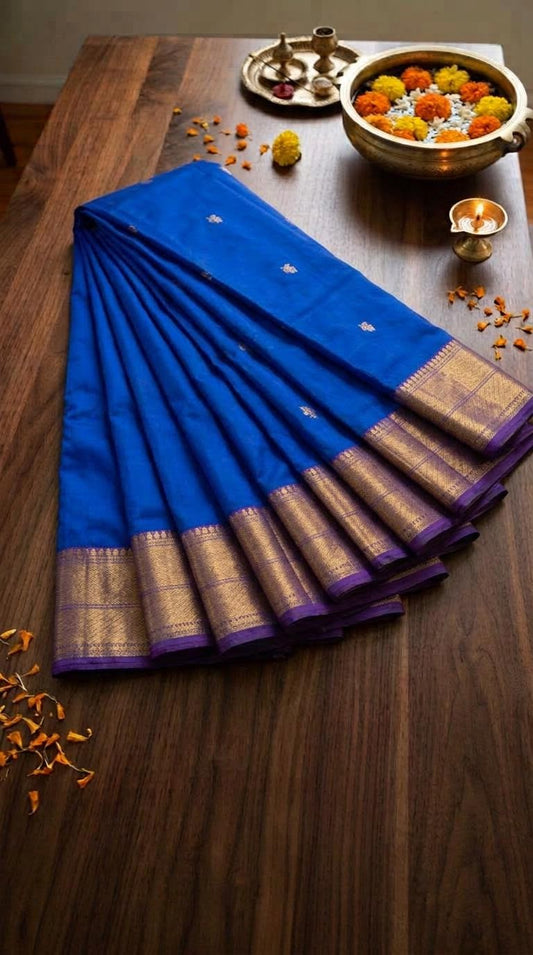 Royal Blue Heritage Silk Mark Certified Kanchipuram Saree (blouse lining included)