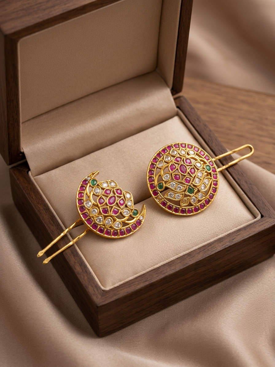 Gold Ruby & CZ Traditional Surya Chandra Pirai Hair Accessories