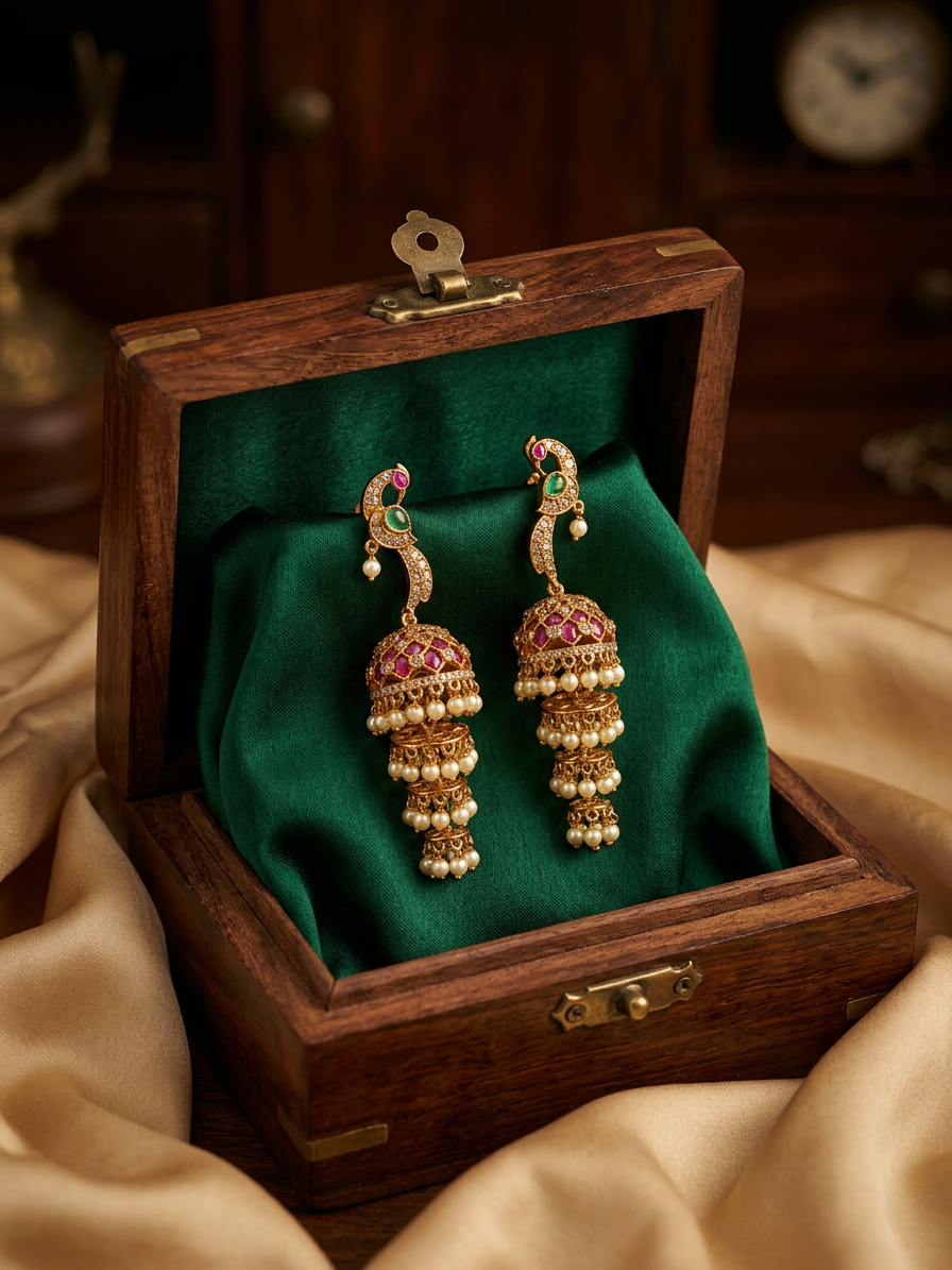 Antique Gold Peacock Multi-Tiered Ruby Jhumka Earrings
