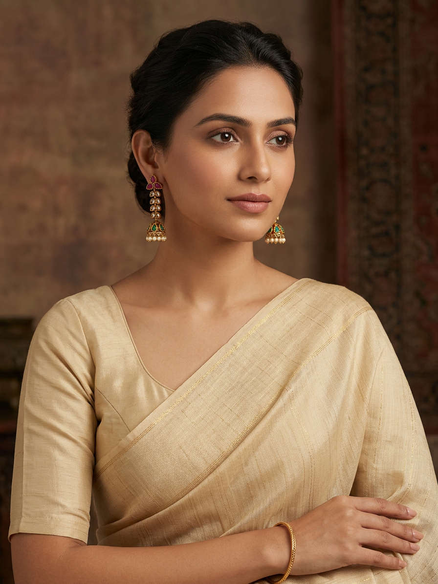 Antique Gold Ruby & Emerald Long Chain Jhumka Earrings