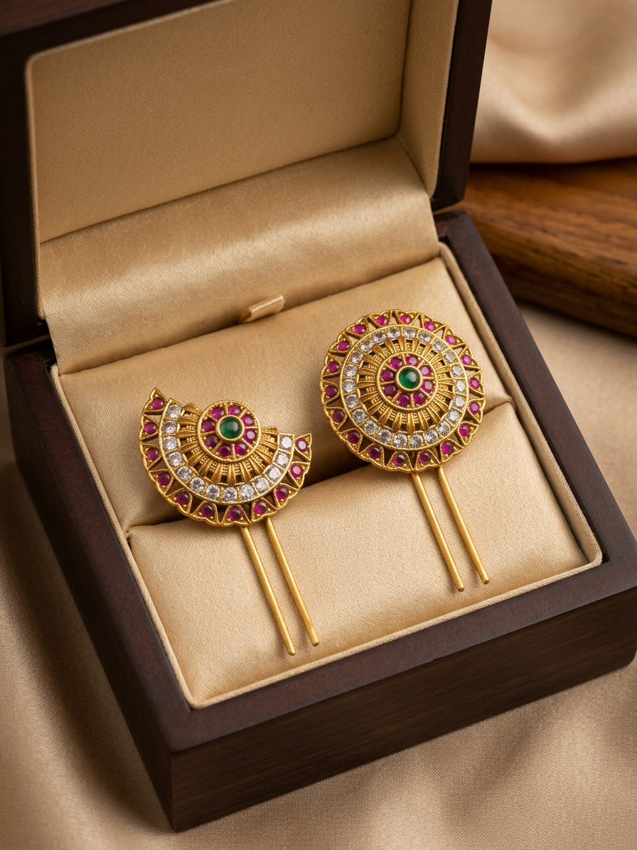Antique Gold Ruby & CZ Geometric Surya Chandra Pirai