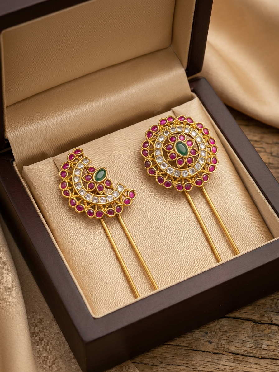 Gold Ruby & CZ Floral Surya Chandra Pirai Hair Accessories