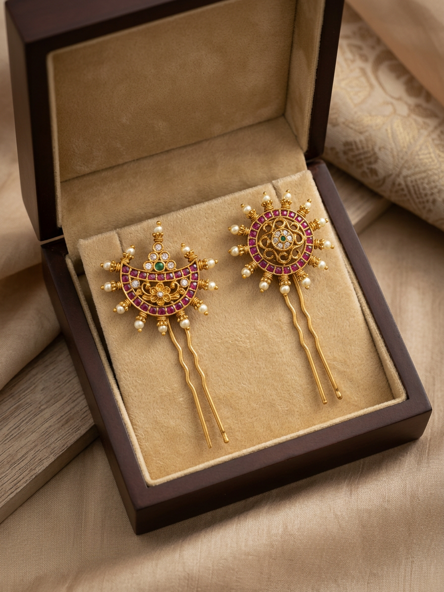 Antique Gold Filigree Jadayu Kundan Ruby & Pearl Surya Chandra Pirai