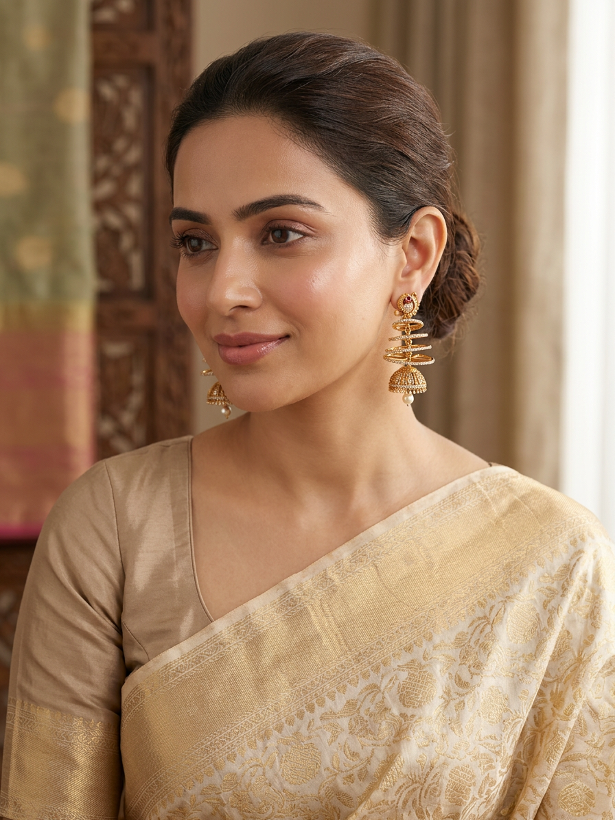 Gold CZ Peacock Spiral Hoop Jhumka Earrings