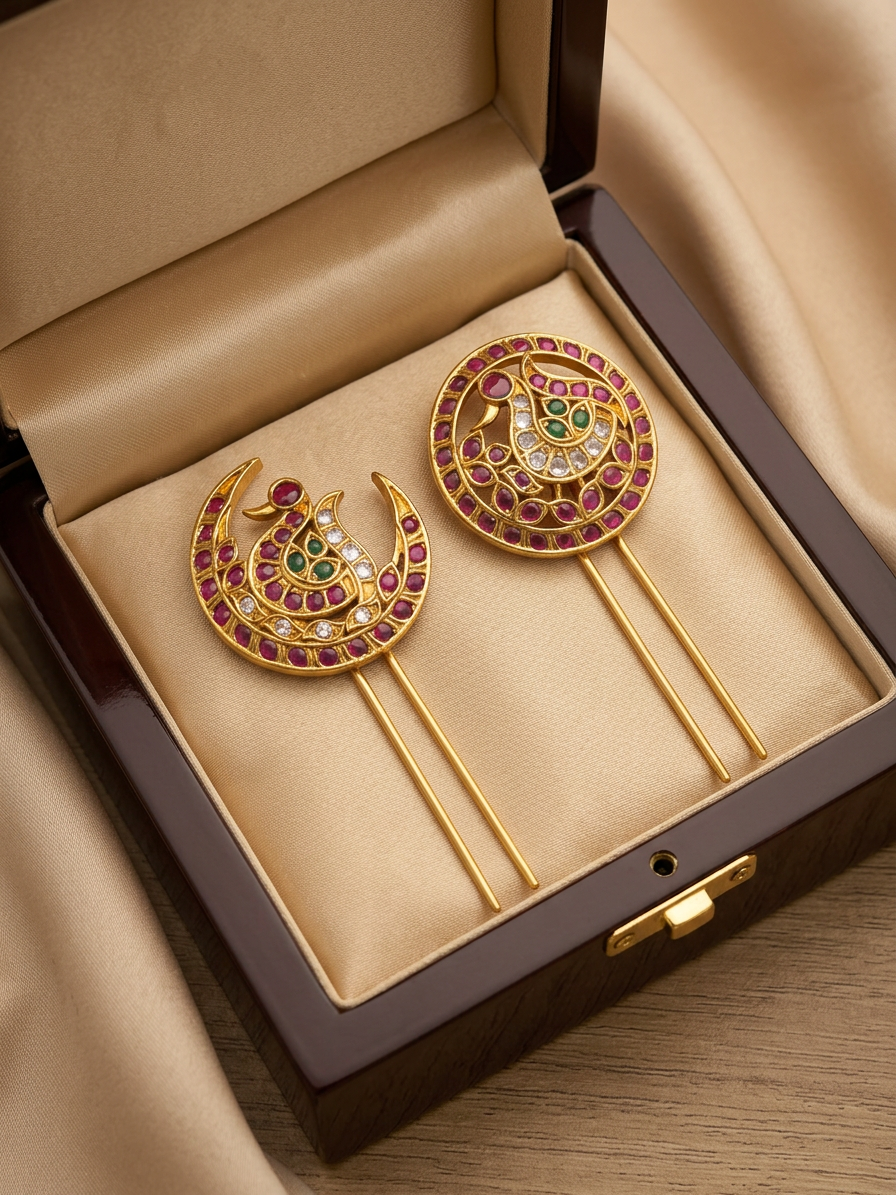 Gold Ruby & CZ Peacock Surya Chandra Pirai