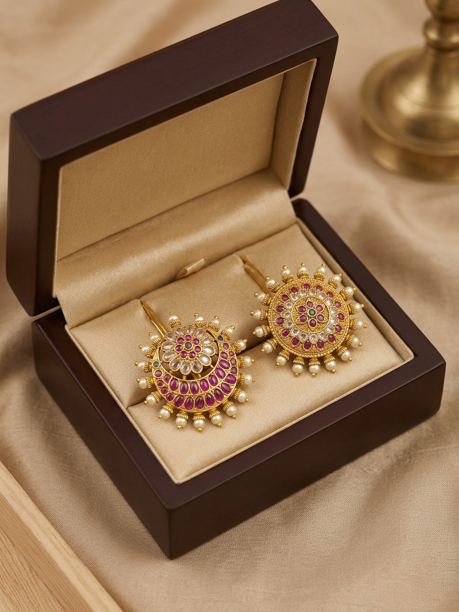 Antique Gold Ruby & CZ Surya Chandra Pirai Hair Accessories