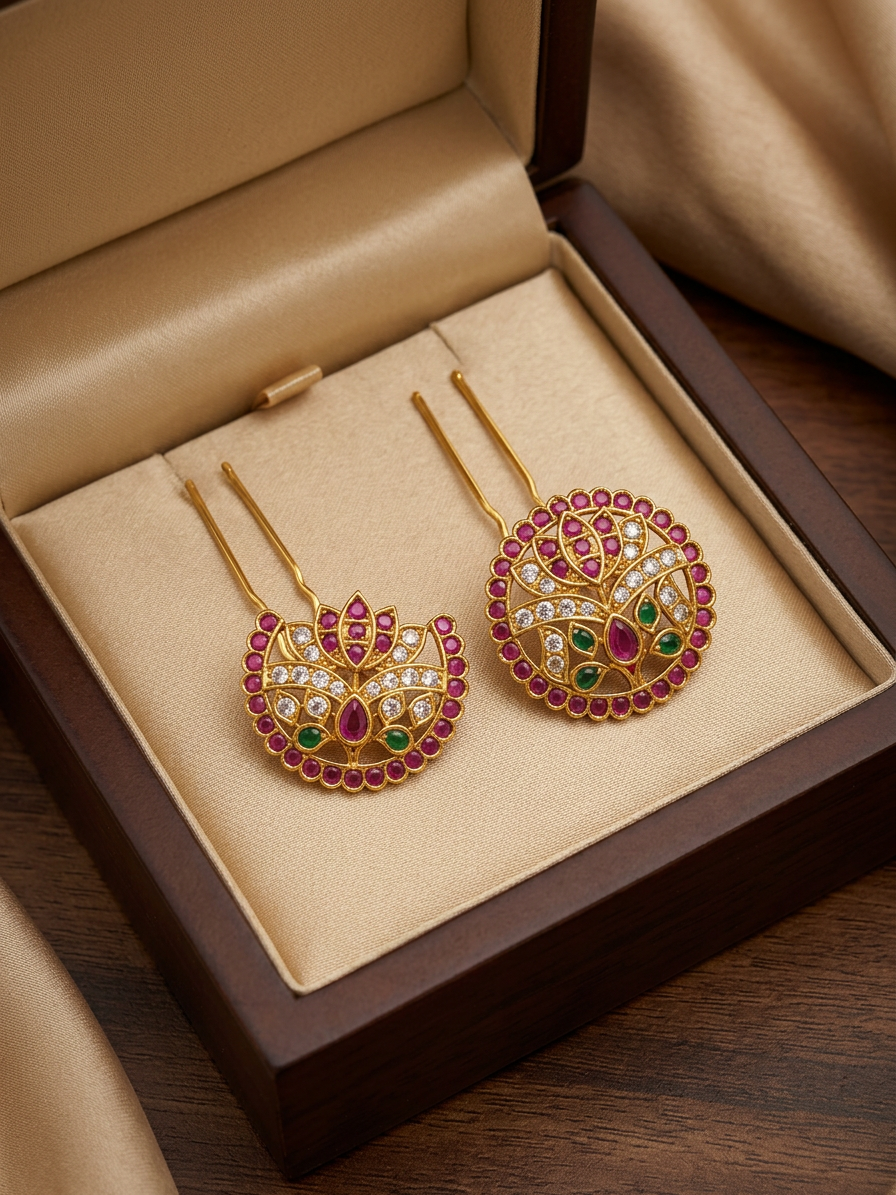 Gold Ruby & CZ Floral Surya Chandra Pirai Hair Accessories