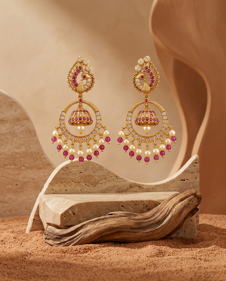 Antique Gold Peacock Hoop Earrings with Suspended Jhumka