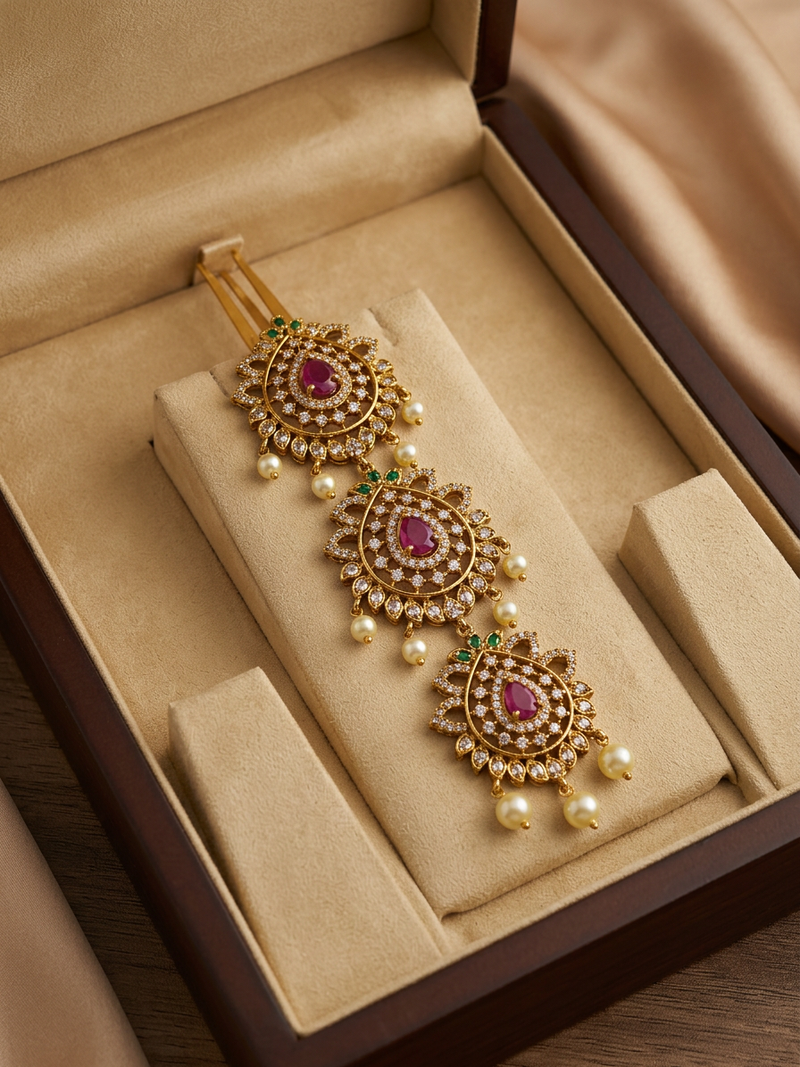 Gold Teardrop Ruby & CZ Three-Tiered Jada Billa