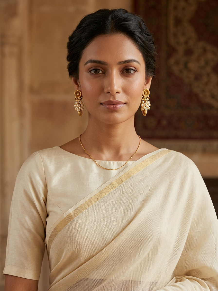 Antique Gold Textured Disc & Pearl Cluster Drop Earrings
