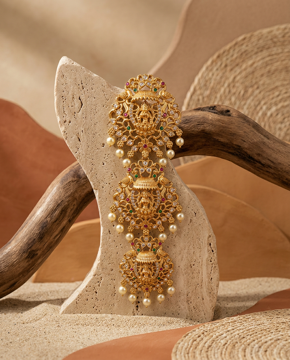 Antique Gold Goddess Lakshmi & Peacock Multi-Tiered Jada Billa
