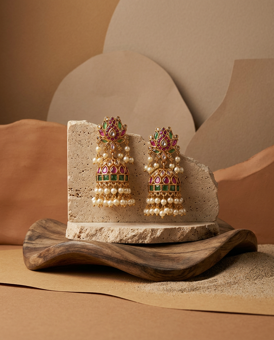 Jadayu Kundan Antique Gold Ruby & Emerald Lotus Jhumka Earrings