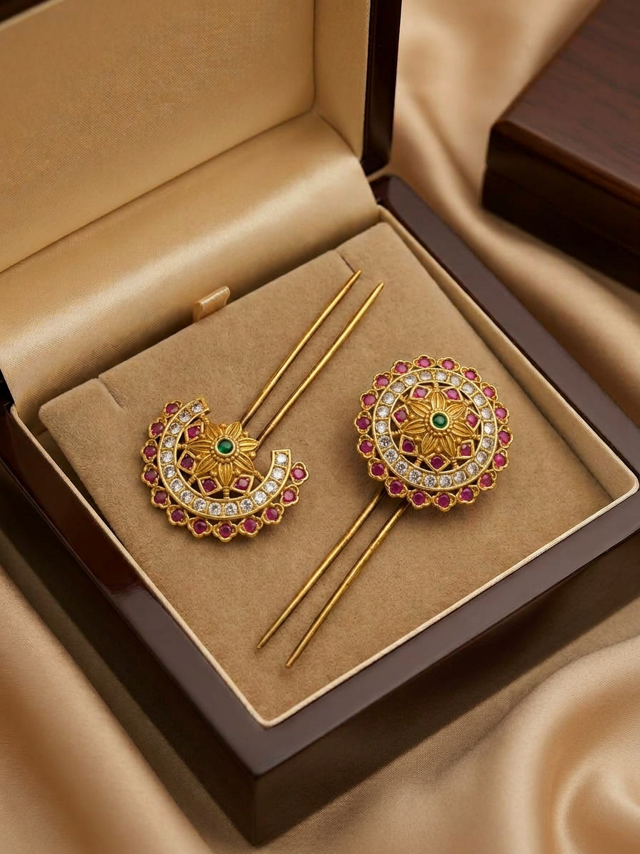 Matte Gold Ruby & CZ Floral Surya Chandra Pirai