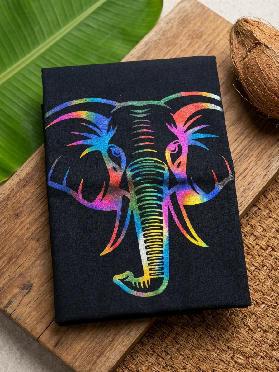 Majestic Prism: Iridescent Elephant Motif Black Cotton Lungi / Dhoti