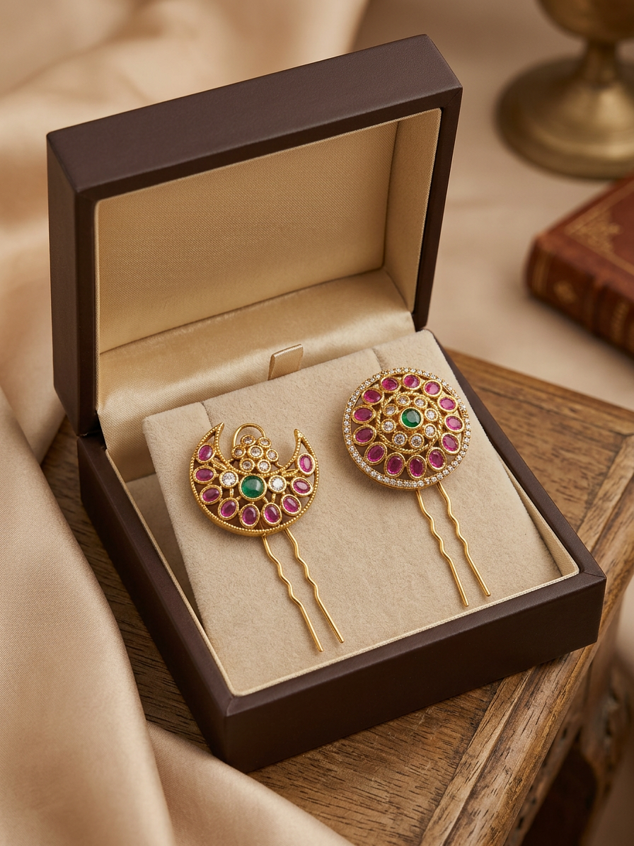 Gold Ruby & CZ Halo Surya Chandra Pirai Hair Accessories