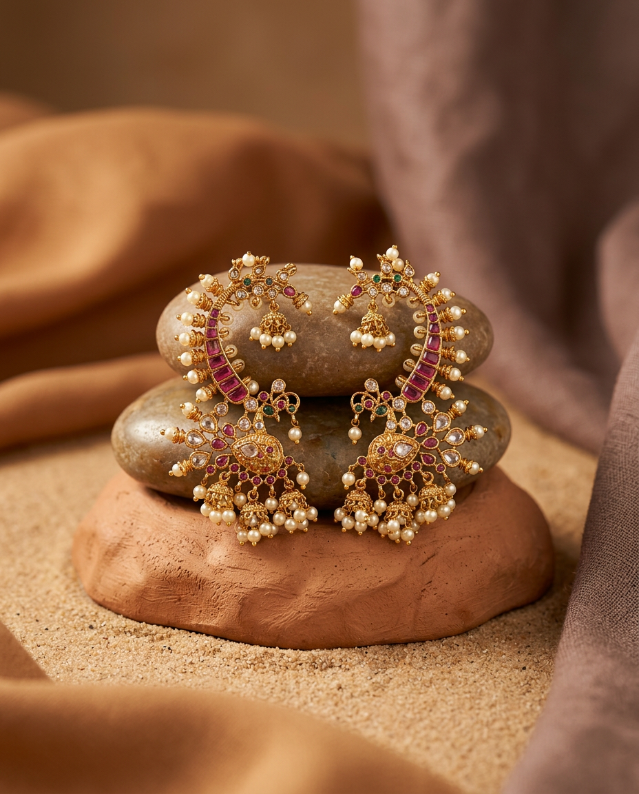 Antique Jadayu Kundan Gold Peacock Ear Cuffs (Kaan Phool / Ear Cuffs)