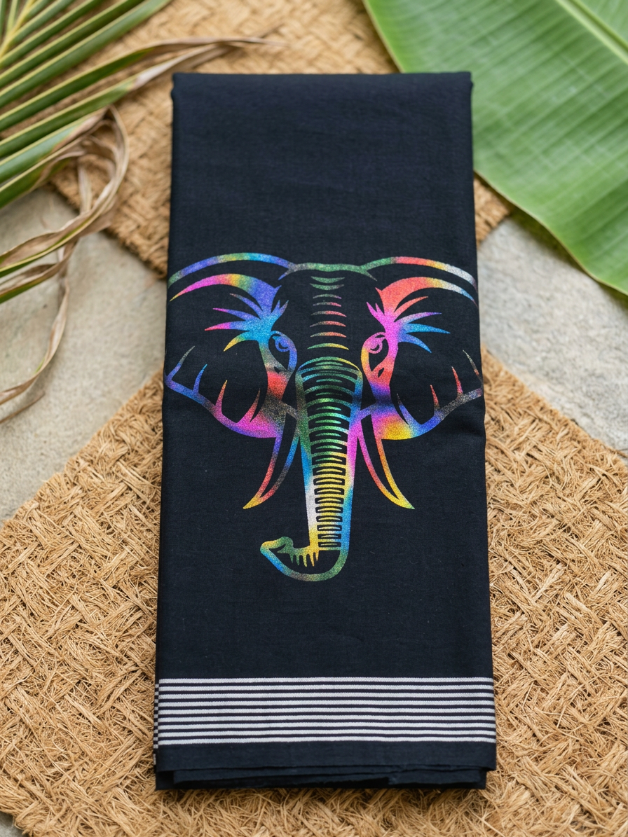 Majestic Prism: Iridescent Elephant Motif Black Cotton Lungi / Dhoti