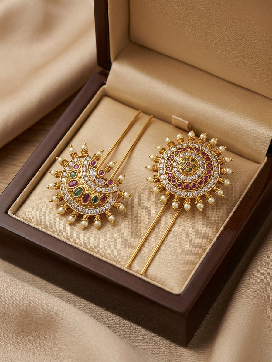 Jadayu Kundan Gold Ruby & Emerald Surya Chandra Pirai Hair Accessories