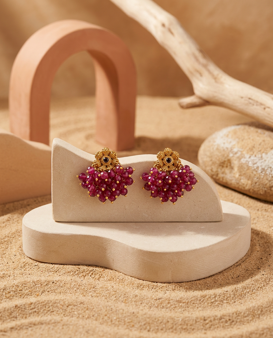 Antique Gold Floral Stud Earrings with Bead Cluster Fringe