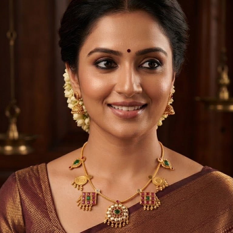 Gold Plated Premium Navaratna Heritage Pendant Necklace