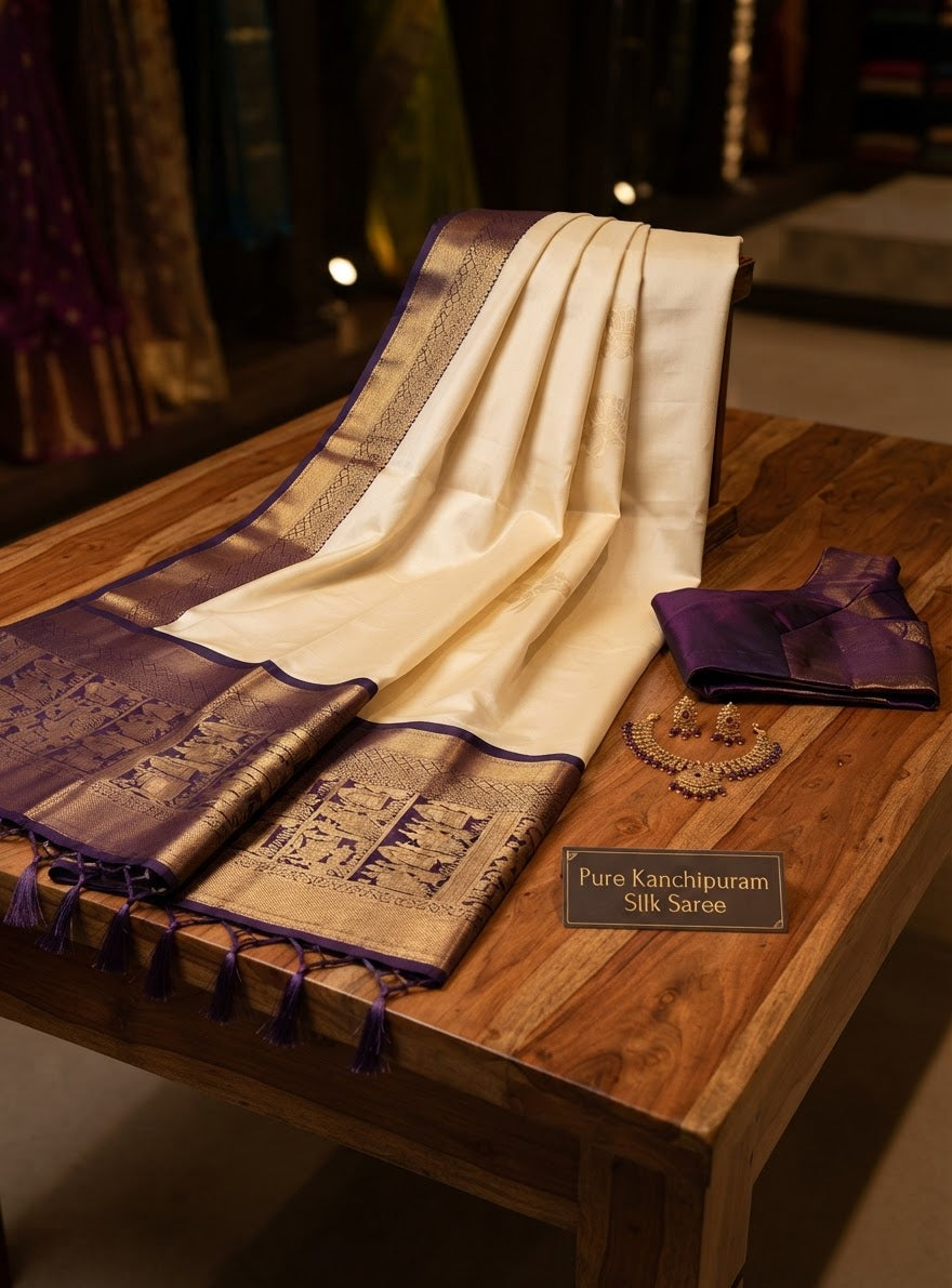 Off White and Royal Purple  Pure Kanchipuram Silk Saree