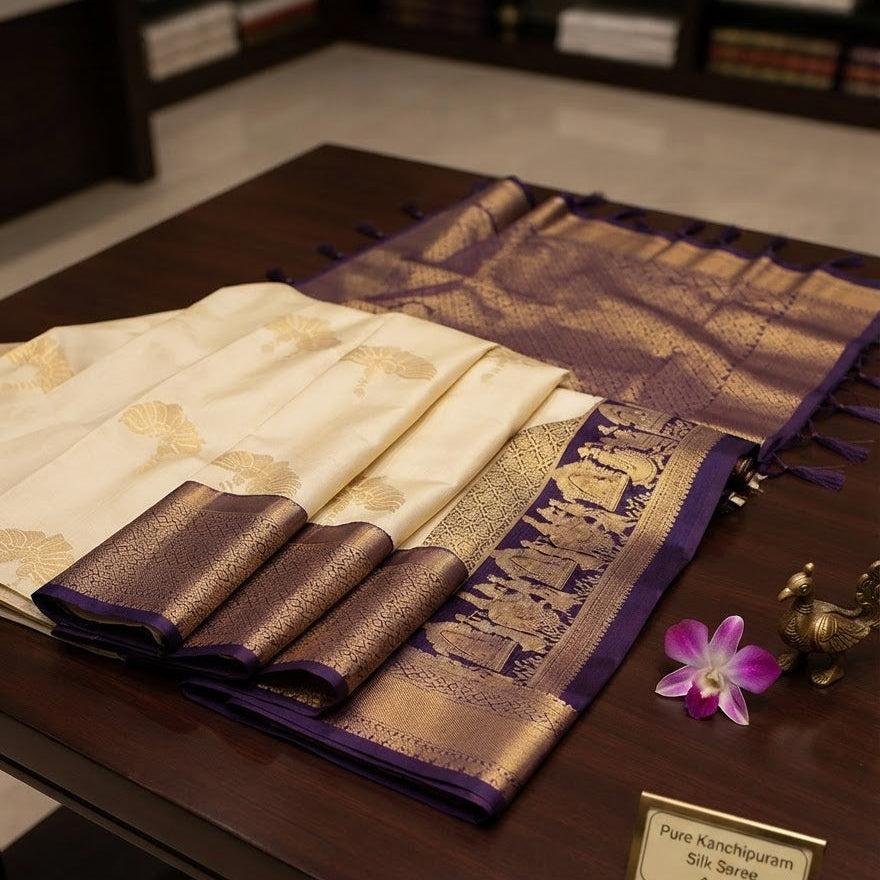 Off White and Royal Purple  Pure Kanchipuram Silk Saree