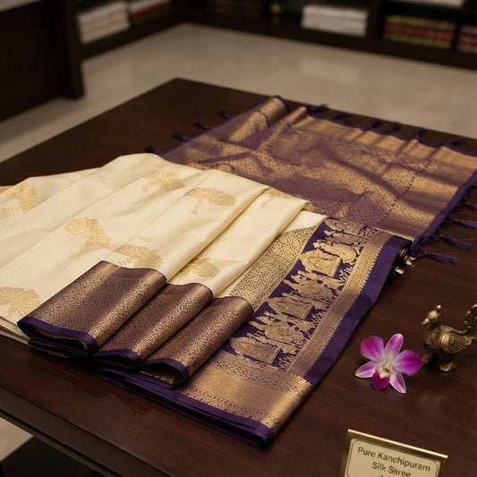 Off White and Royal Purple  Pure Kanchipuram Silk Saree