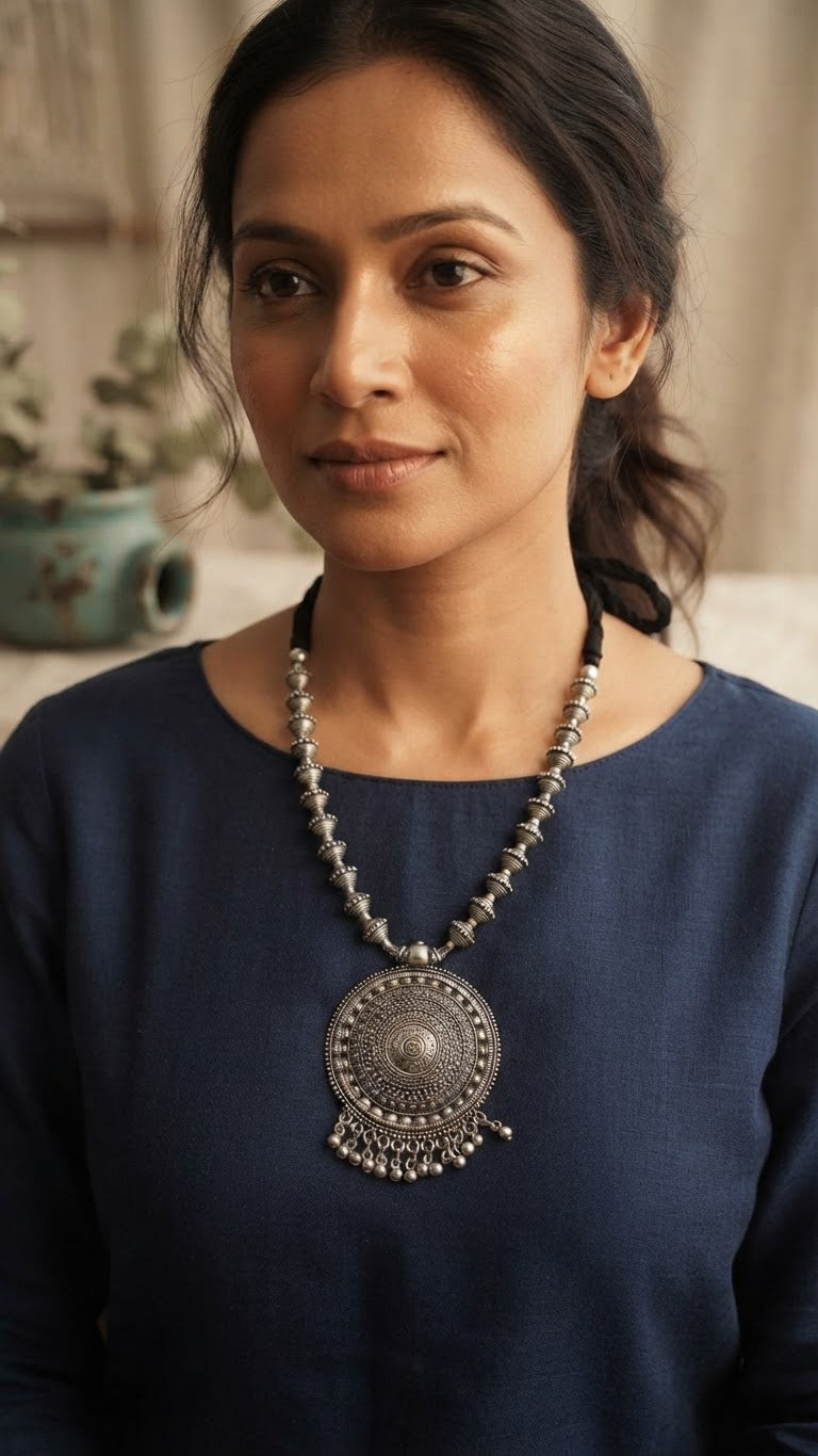 Oxidized Tribal Mandala Medallion Statement Necklace