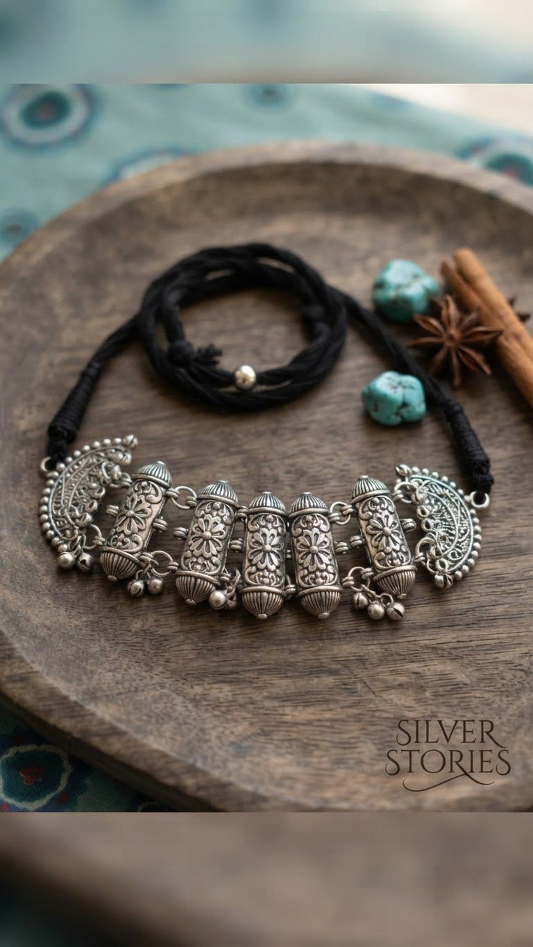 Oxidized Silver Carved Barrel Choker