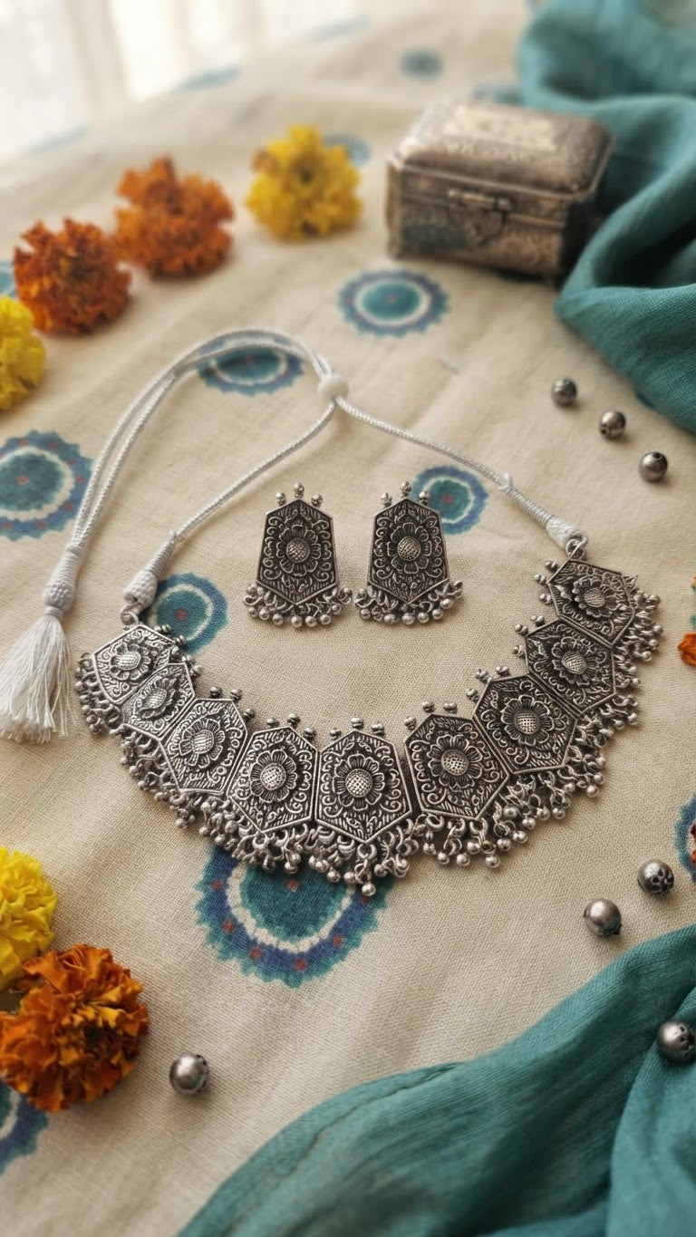 Tribal German Silver Hexagonal Motif Choker Set
