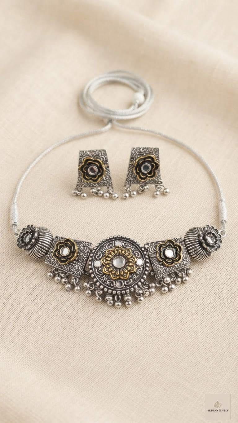 Dual-Tone Afghan Floral Mirror Choker Set