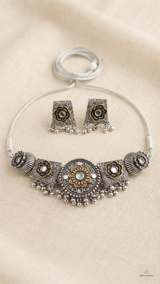 Dual-Tone Afghan Floral Mirror Choker Set