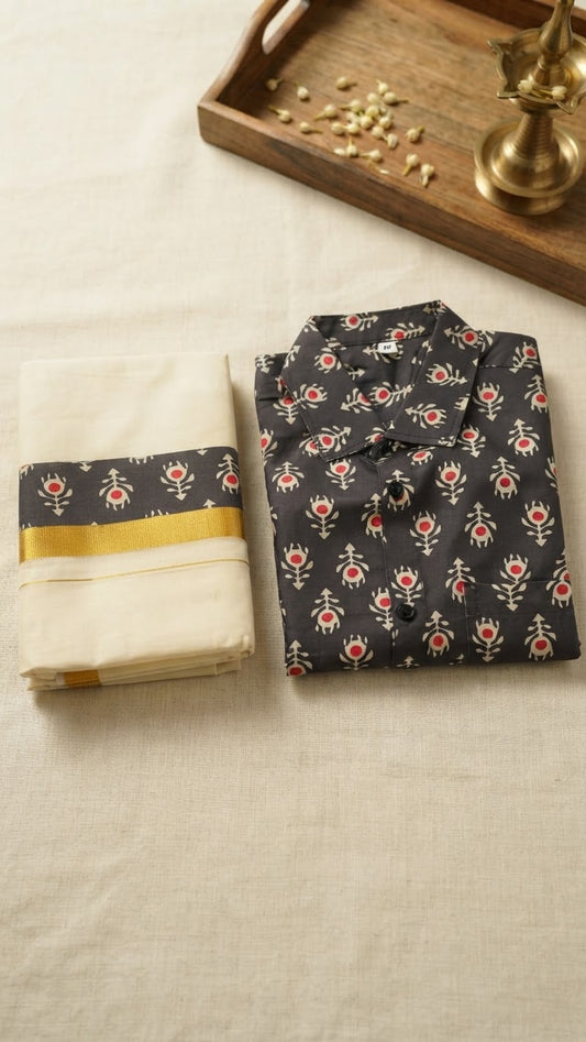 Ajrak printed half sleeve shirt with matching dhothi