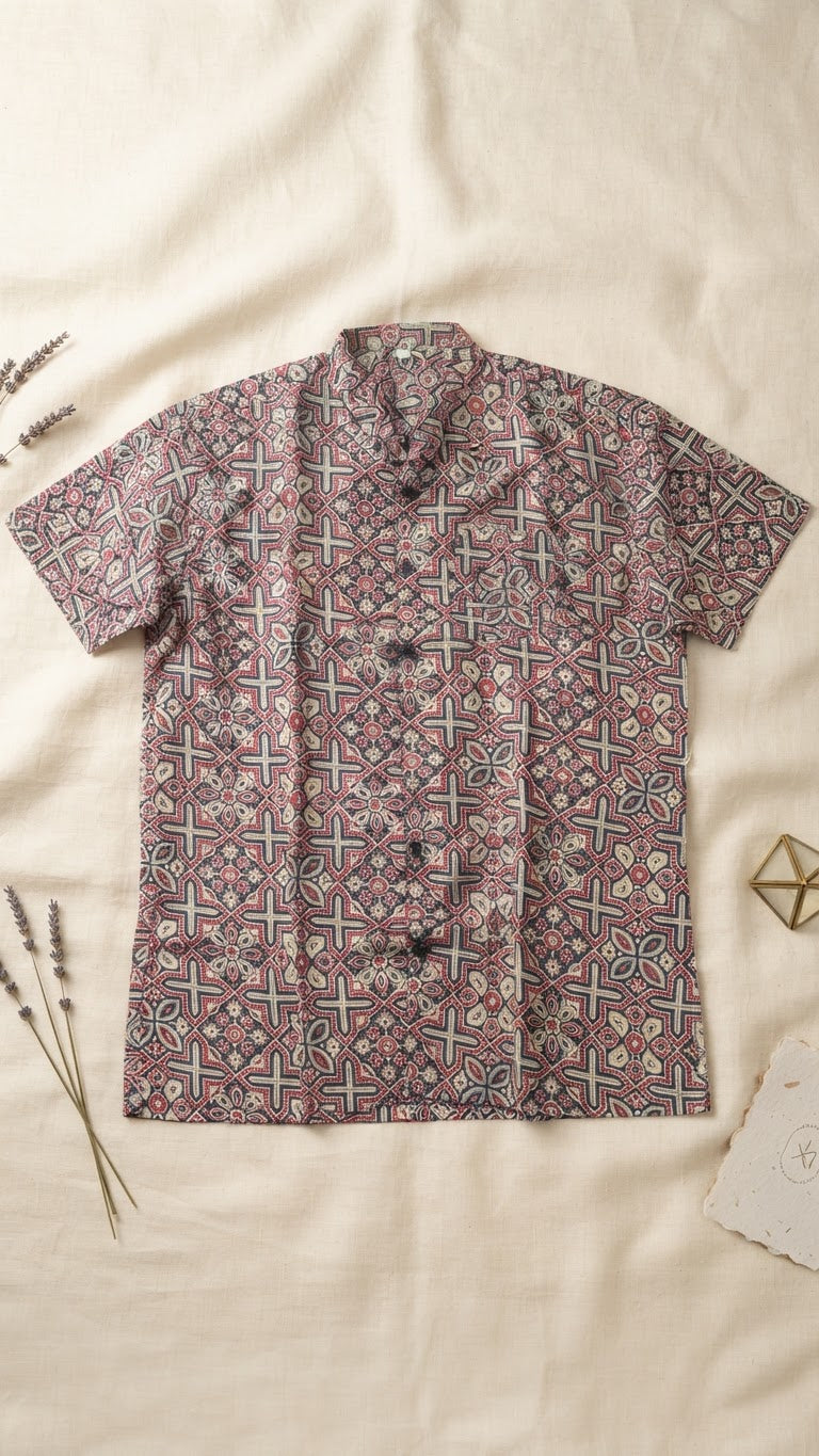 Ajrak printed half sleeve shirt with matching dhothi
